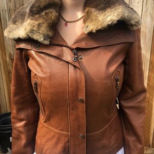 Andrew Marc, New York leather fur trim coat
